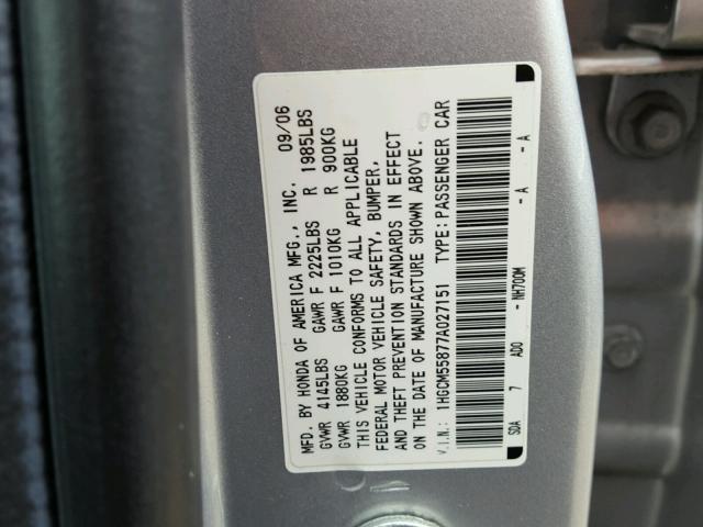 1HGCM55877A027151 - 2007 HONDA ACCORD EX SILVER photo 10