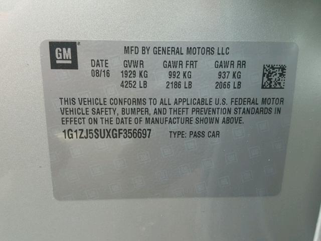 1G1ZJ5SUXGF356697 - 2016 CHEVROLET MALIBU HYB SILVER photo 10