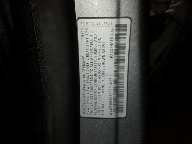 WVWRH63B72P183827 - 2002 VOLKSWAGEN PASSAT GLX GRAY photo 10