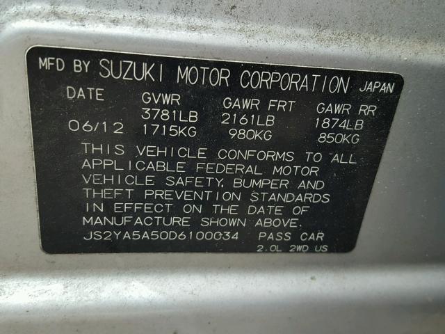 JS2YA5A50D6100034 - 2013 SUZUKI SX4 BASE SILVER photo 10