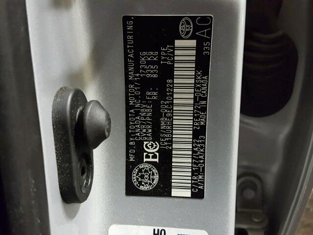 2T1BURHE9EC101228 - 2014 TOYOTA COROLLA L SILVER photo 10