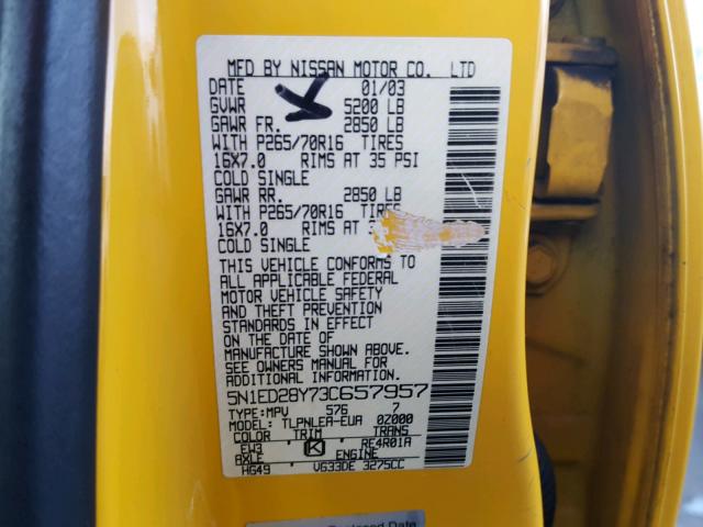 5N1ED28Y73C657957 - 2003 NISSAN XTERRA XE YELLOW photo 10