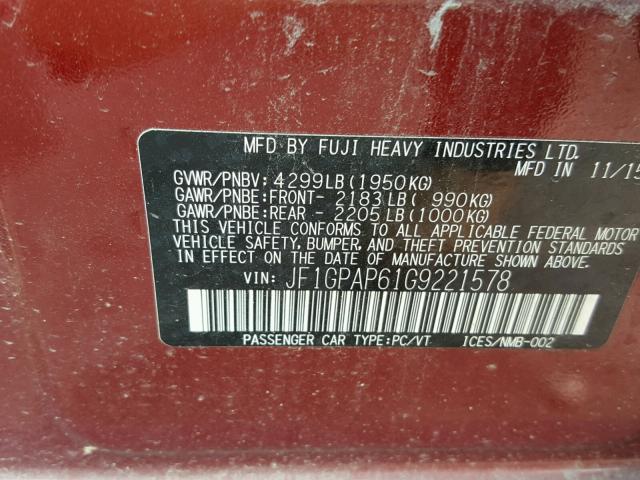 JF1GPAP61G9221578 - 2016 SUBARU IMPREZA SP RED photo 10