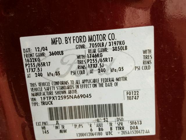 1FTPX12595NA69045 - 2005 FORD F150 MAROON photo 10