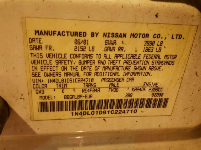 1N4DL01D91C224710 - 2001 NISSAN ALTIMA XE WHITE photo 10