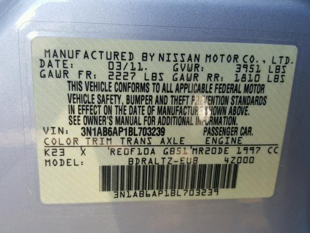 3N1AB6AP1BL703239 - 2011 NISSAN SENTRA 2.0 SILVER photo 10