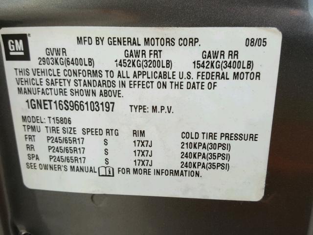 1GNET16S966103197 - 2006 CHEVROLET TRAILBLAZE GRAY photo 10