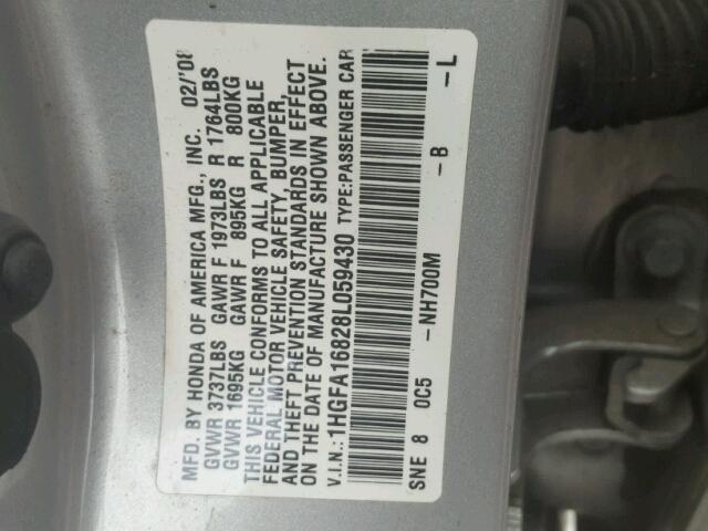 1HGFA16828L059430 - 2008 HONDA CIVIC EX 银色 照片 10