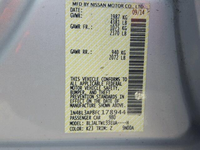 1N4BL3AP8FC178944 - 2015 NISSAN ALTIMA 3.5 SILVER photo 10