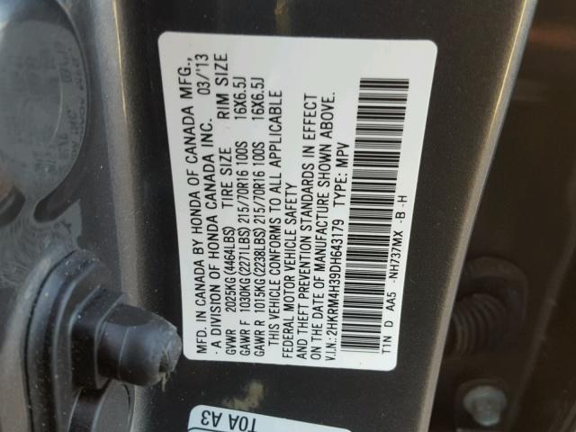 2HKRM4H39DH643179 - 2013 HONDA CR-V LX GRAY photo 10