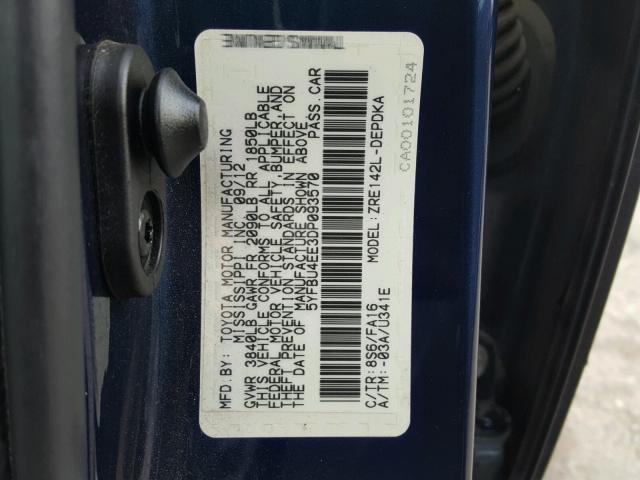 5YFBU4EE3DP093570 - 2013 TOYOTA COROLLA BA BLUE photo 10