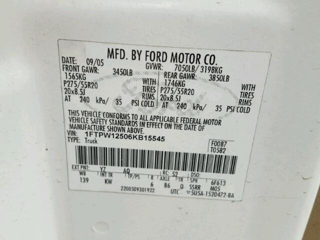 1FTPW12506KB15545 - 2006 FORD F150 SUPER WHITE photo 10