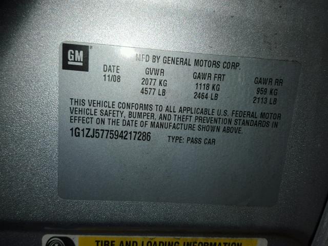 1G1ZJ577594217286 - 2009 CHEVROLET MALIBU 2LT SILVER photo 10