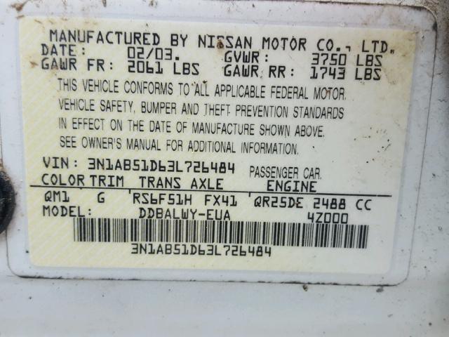 3N1AB51D63L726484 - 2003 NISSAN SENTRA SE- WHITE photo 10