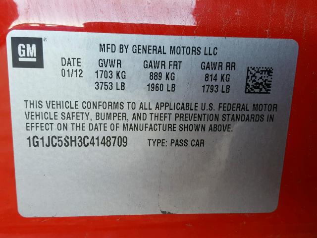 1G1JC5SH3C4148709 - 2012 CHEVROLET SONIC LT 红色 照片 10