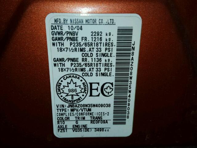 JN8AZ08W35W409038 - 2005 NISSAN MURANO SL ORANGE photo 10