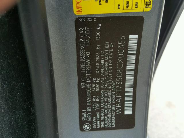 WBAPT73508CX00355 - 2008 BMW 535 XI GRAY photo 10