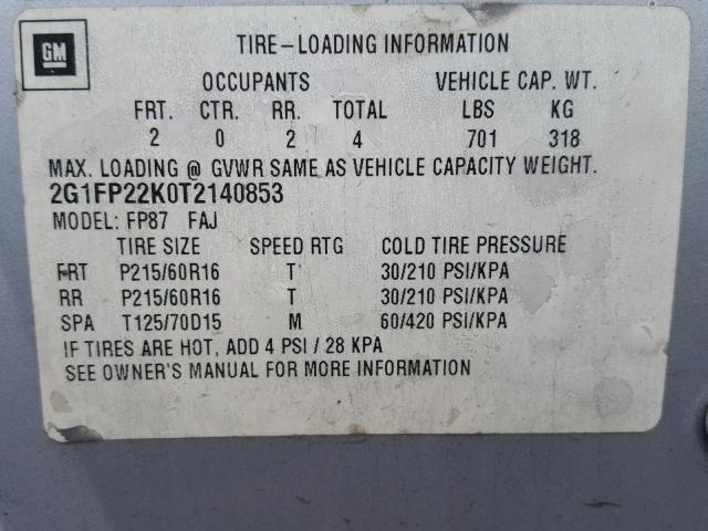 2G1FP22K0T2140853 - 1996 CHEVROLET CAMARO BAS 银色 照片 10