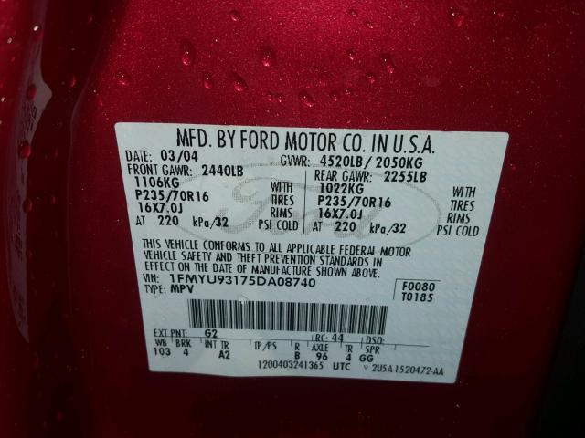 1FMYU93175DA08740 - 2005 FORD ESCAPE XLT RED photo 10