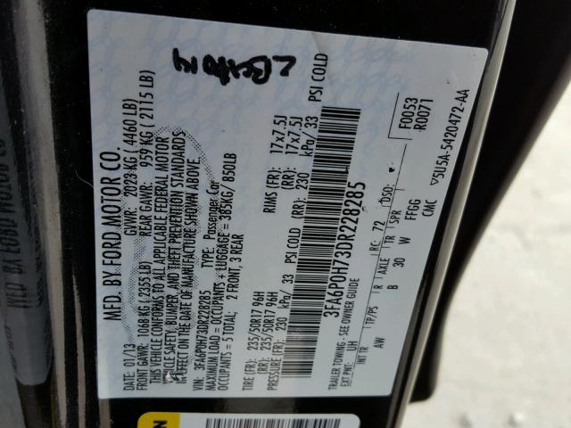 3FA6P0H73DR228285 - 2013 FORD FUSION SE BLACK photo 10