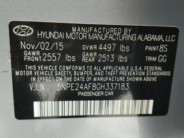 5NPE24AF8GH337183 - 2016 HYUNDAI SONATA SE GRAY photo 10