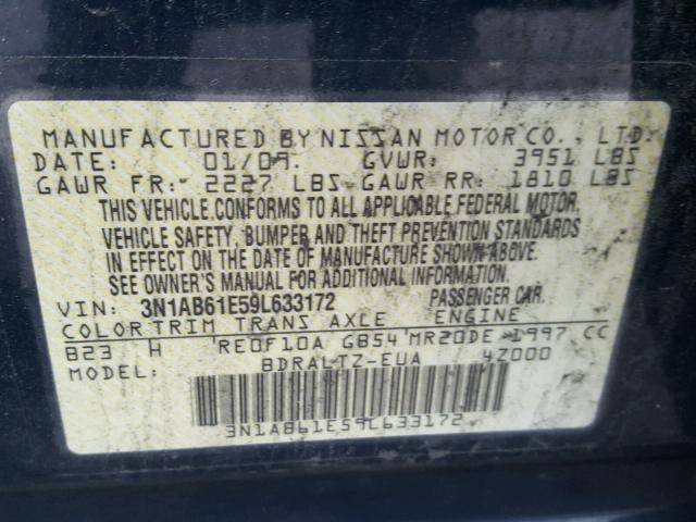 3N1AB61E59L633172 - 2009 NISSAN SENTRA 2.0 BLUE photo 10