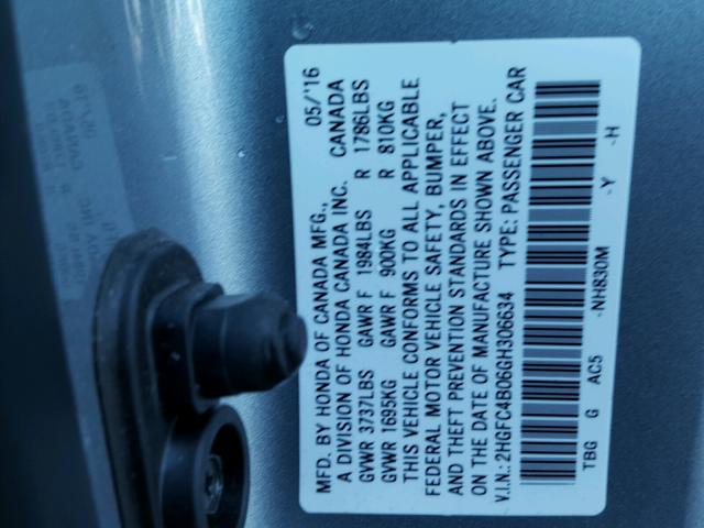 2HGFC4B06GH306634 - 2016 HONDA CIVIC LX SILVER photo 10