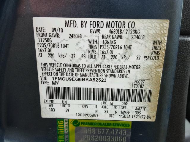 1FMCU9EG6BKA52523 - 2011 FORD ESCAPE LIM BLUE photo 10