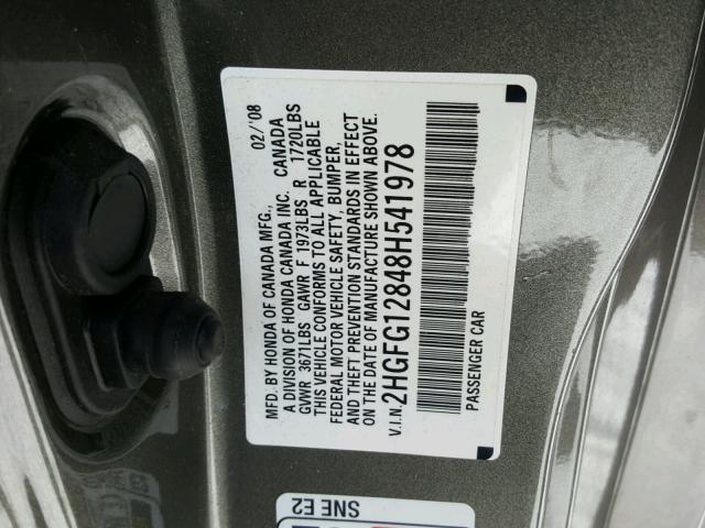 2HGFG12848H541978 - 2008 HONDA CIVIC EX GRAY photo 10