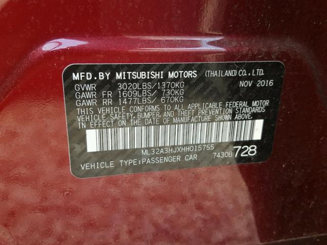 ML32A3HJXHH015755 - 2017 MITSUBISHI MIRAGE ES BURGUNDY photo 10