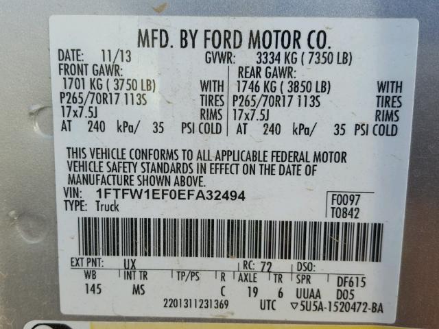 1FTFW1EF0EFA32494 - 2014 FORD F150 SUPER SILVER photo 10