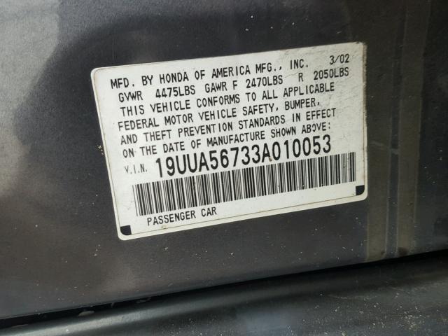 19UUA56733A010053 - 2003 ACURA 3.2TL GRAY photo 10