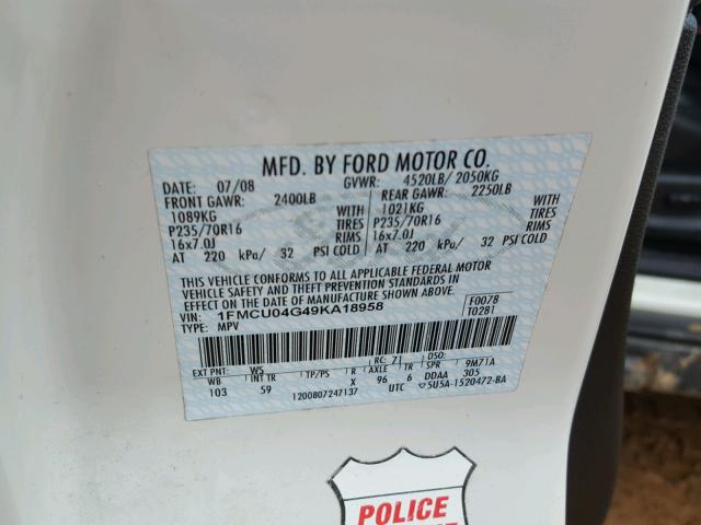 1FMCU04G49KA18958 - 2009 FORD ESCAPE LIM WHITE photo 10