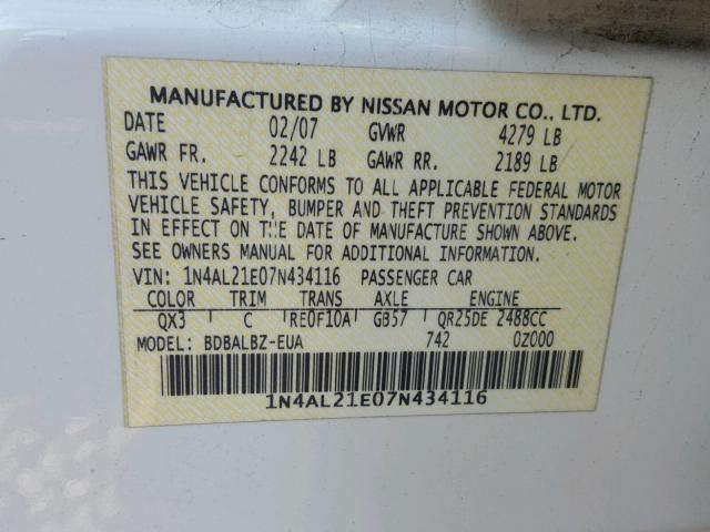 1N4AL21E07N434116 - 2007 NISSAN ALTIMA 2.5 WHITE photo 10