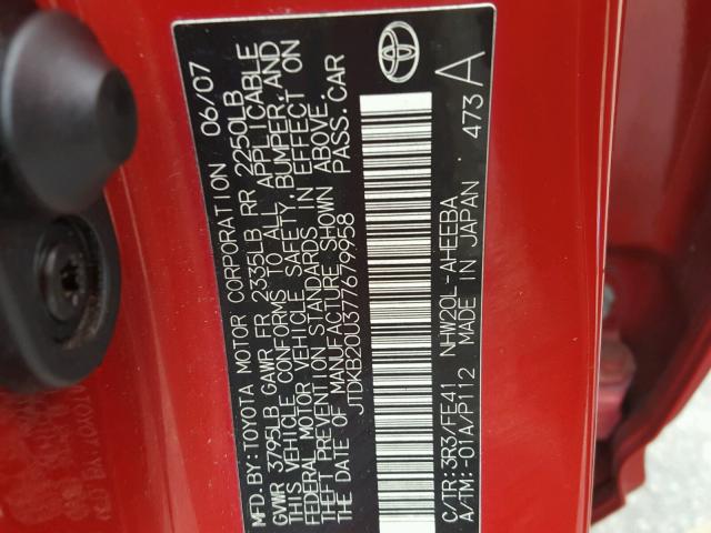 JTDKB20U377679958 - 2007 TOYOTA PRIUS RED photo 10