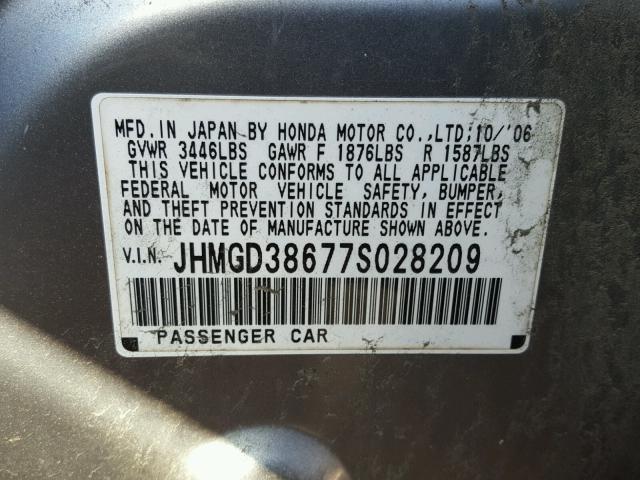 JHMGD38677S028209 - 2007 HONDA FIT S ვერცხლისფერი ფოტო 10