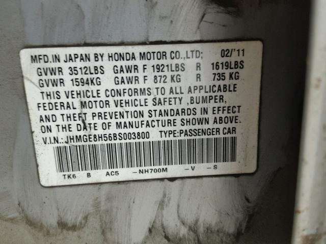 JHMGE8H56BS003800 - 2011 HONDA FIT SPORT SILVER photo 10
