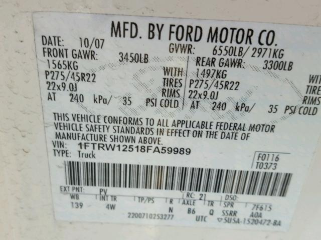 1FTRW12518FA59989 - 2008 FORD F150 SUPER WHITE photo 10