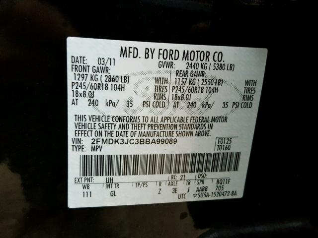 2FMDK3JC3BBA99089 - 2011 FORD EDGE SEL BLACK photo 10