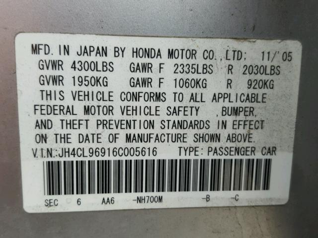 JH4CL96916C005616 - 2006 ACURA TSX SILVER photo 10