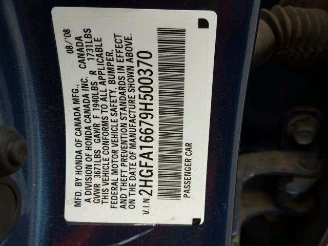 2HGFA16679H500370 - 2009 HONDA CIVIC BLUE photo 10