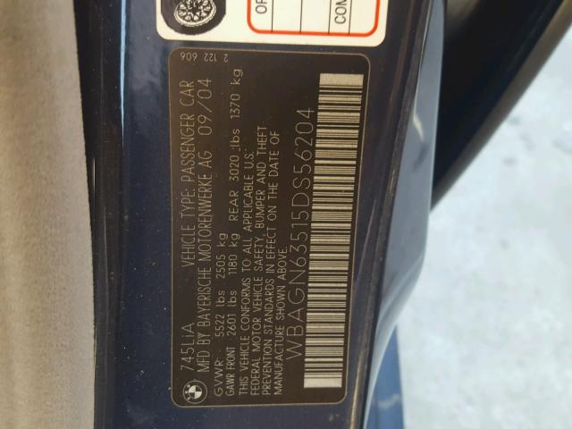 WBAGN63515DS56204 - 2005 BMW 745 LI أزرق صورة 10
