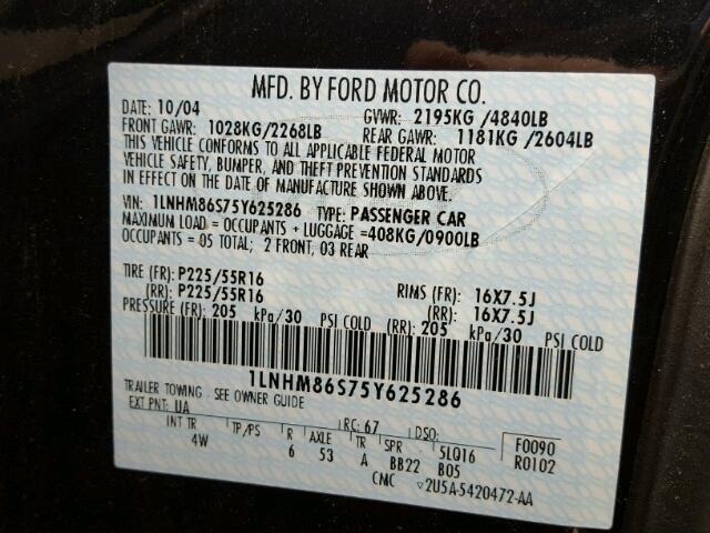 1LNHM86S75Y625286 - 2005 LINCOLN LS BLACK photo 10