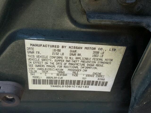 1N4DL01D91C142184 - 2001 NISSAN ALTIMA XE GREEN photo 10