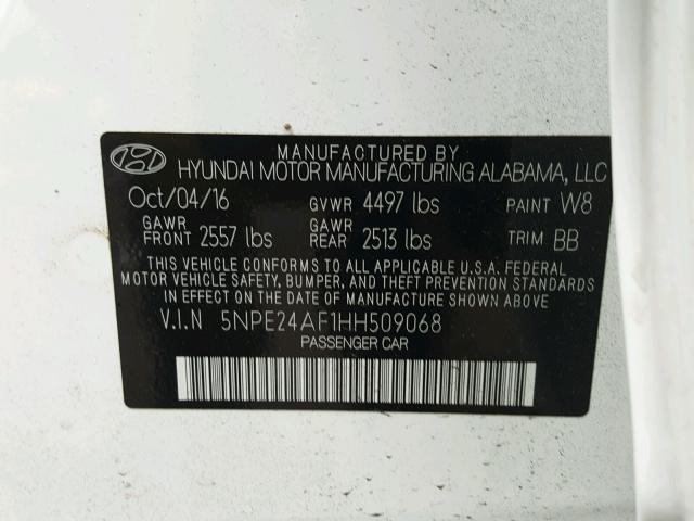 5NPE24AF1HH509068 - 2017 HYUNDAI SONATA SE WHITE photo 10