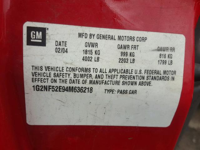 1G2NF52E94M636218 - 2004 PONTIAC GRAND AM S RED photo 10