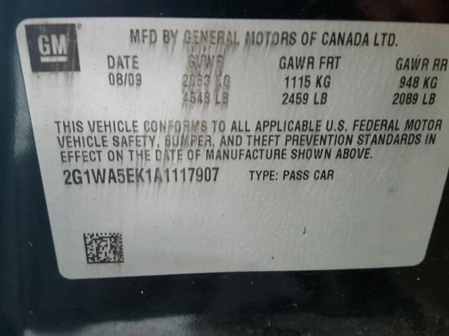 2G1WA5EK1A1117907 - 2010 CHEVROLET IMPALA LS BLACK photo 10