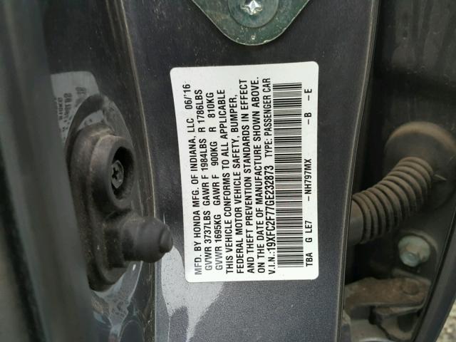 19XFC2F77GE232873 - 2016 HONDA CIVIC EX ნაცრისფერი ფოტო 10