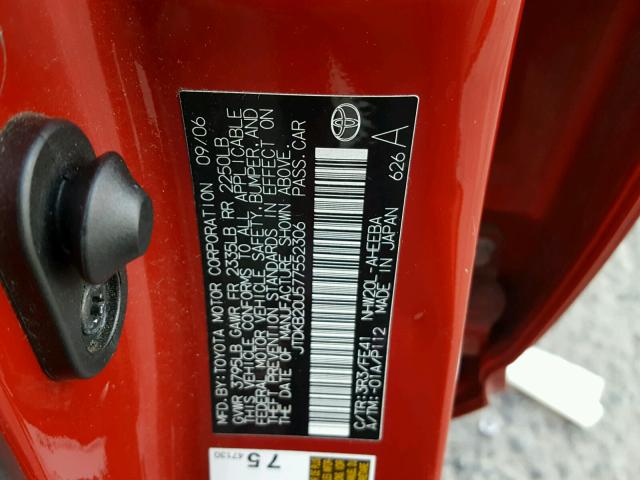 JTDKB20U577552306 - 2007 TOYOTA PRIUS RED photo 10