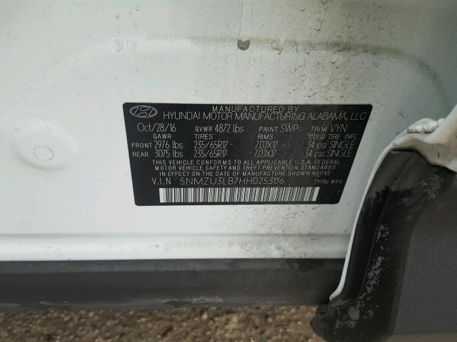 5NMZU3LB7HH025306 - 2017 HYUNDAI SANTA FE S WHITE photo 10